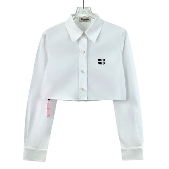 Miu Miu White Cropped Cotton Long Sleeve Shirt Logo Embroidery Single Breasted S - Picture 1 of 9